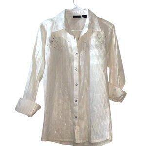 Wrangler Womens M White Long Sleeve Western Shirt With Embellished Yoke & Diamon